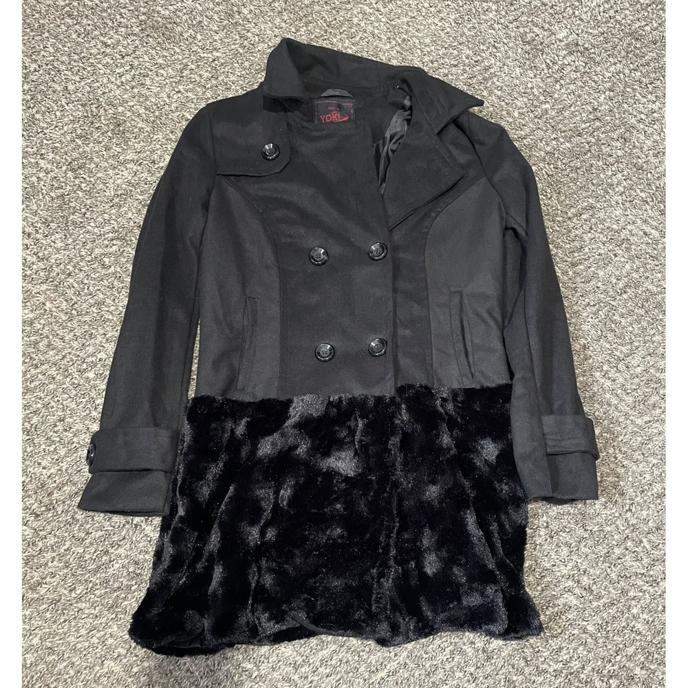 Yoki New York Womens Black Wool Blend Faux Fur Bottom Double Breasted Coat M